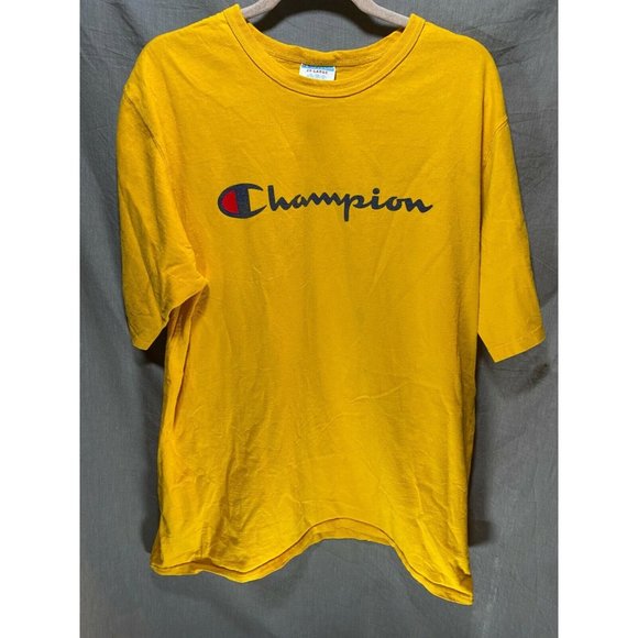 Vintage Champion Shirt Adult 2XL Yellow Spell Out Pullover Short Sleeve Tee Mens - Picture 1 of 8